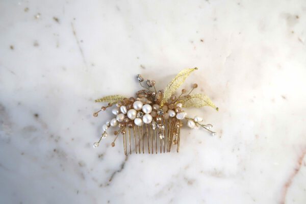 Gold Comb with Pearl Flowers